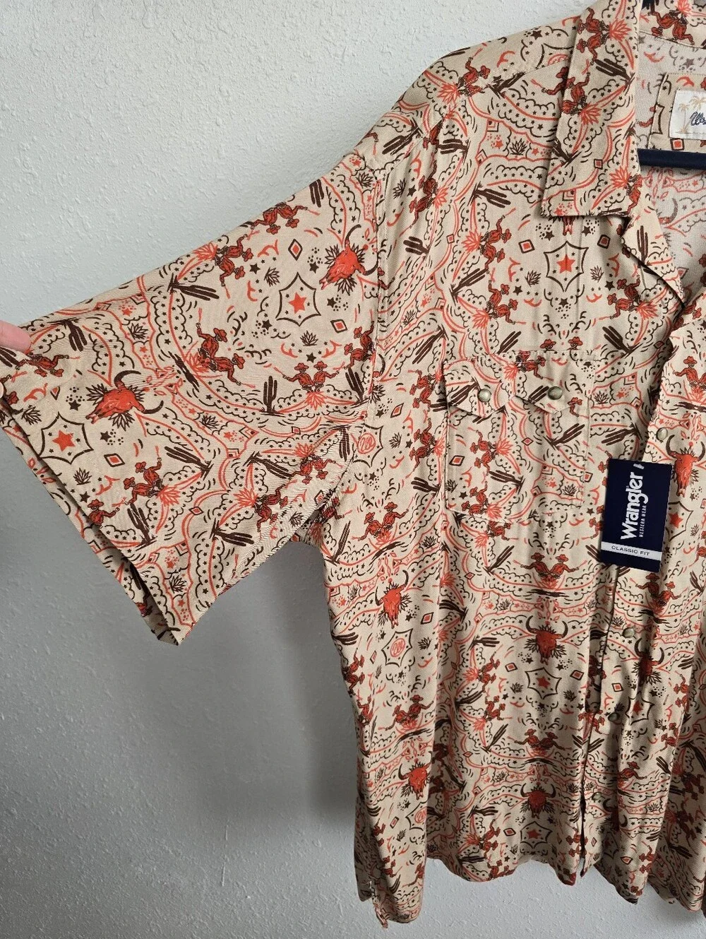 Wrangler Wild West Cowboy Print Pearl Snap Camp Shirt Tan NWT  XXL